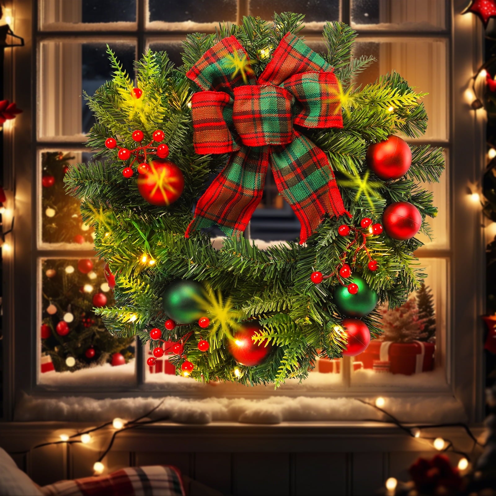 20 inch Christmas Wreaths-Christmas Wreath with Lights LED,Battery Operated LED light Wreath with ball bow for christmas festival party, patio, farmhouse decoration(green and red)