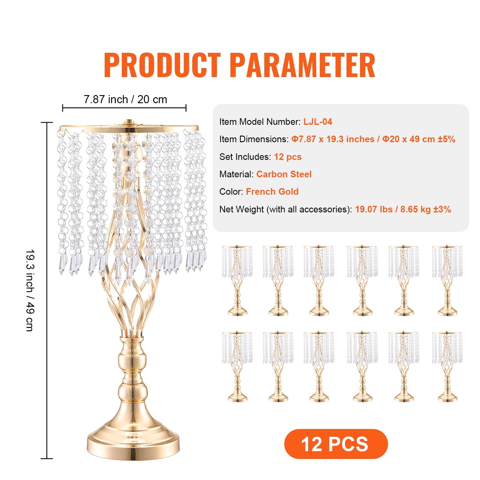KFFKFF 12-Piece Set, 49cm/19.3” Height, Crystal Floral Stands, Gold Metal Centerpiece Vases, Ideal for Tabletops at Weddings, Dinners, Parties, Ceremonies, and Birthday Celebrations