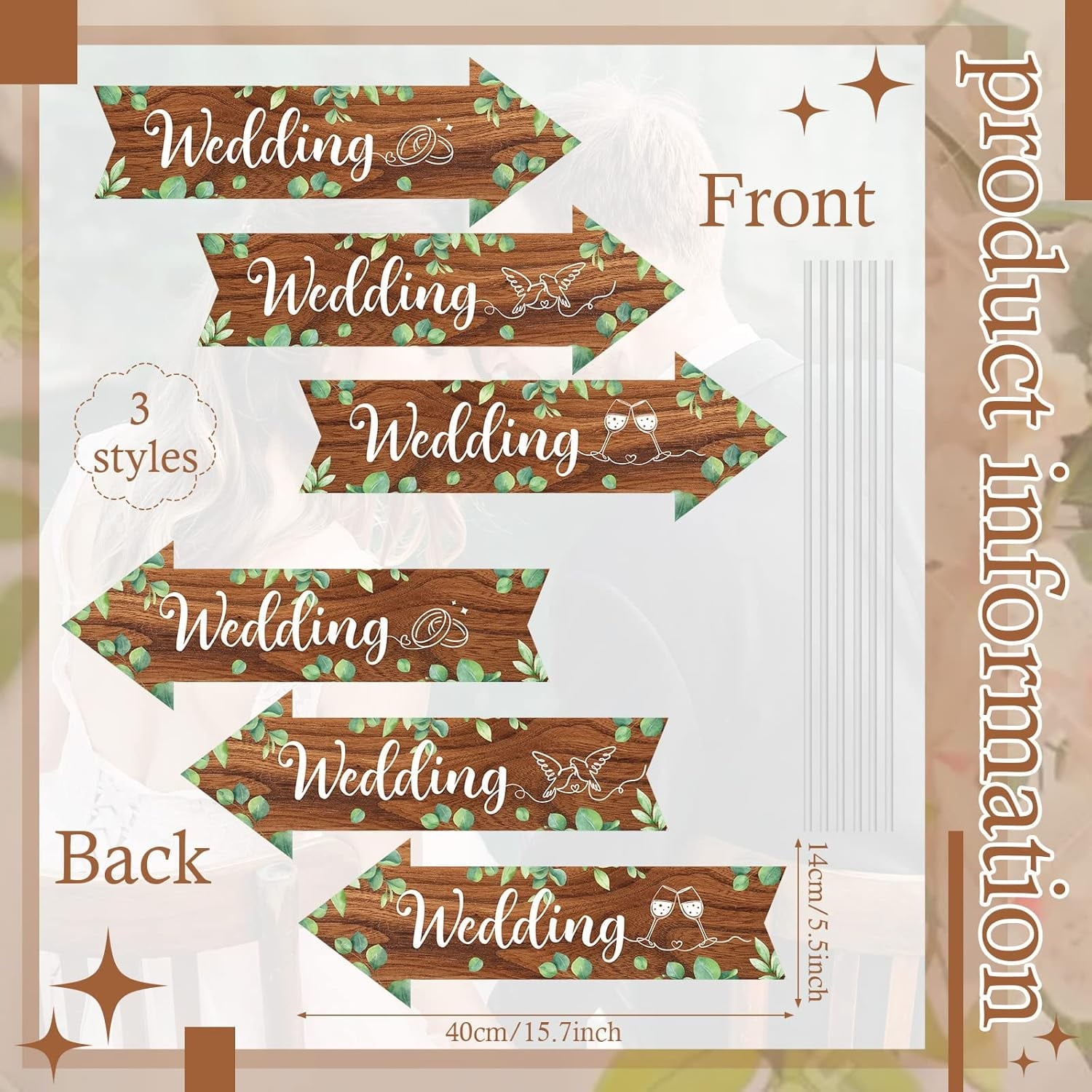 6 Pcs Wedding Direction Sign for Road Ceremony and Reception Double Sided Wedding This Way Arrow Yard Signs with Stakes Waterproof Large Stands for Lawn Outdoor Supply Rustic Decor