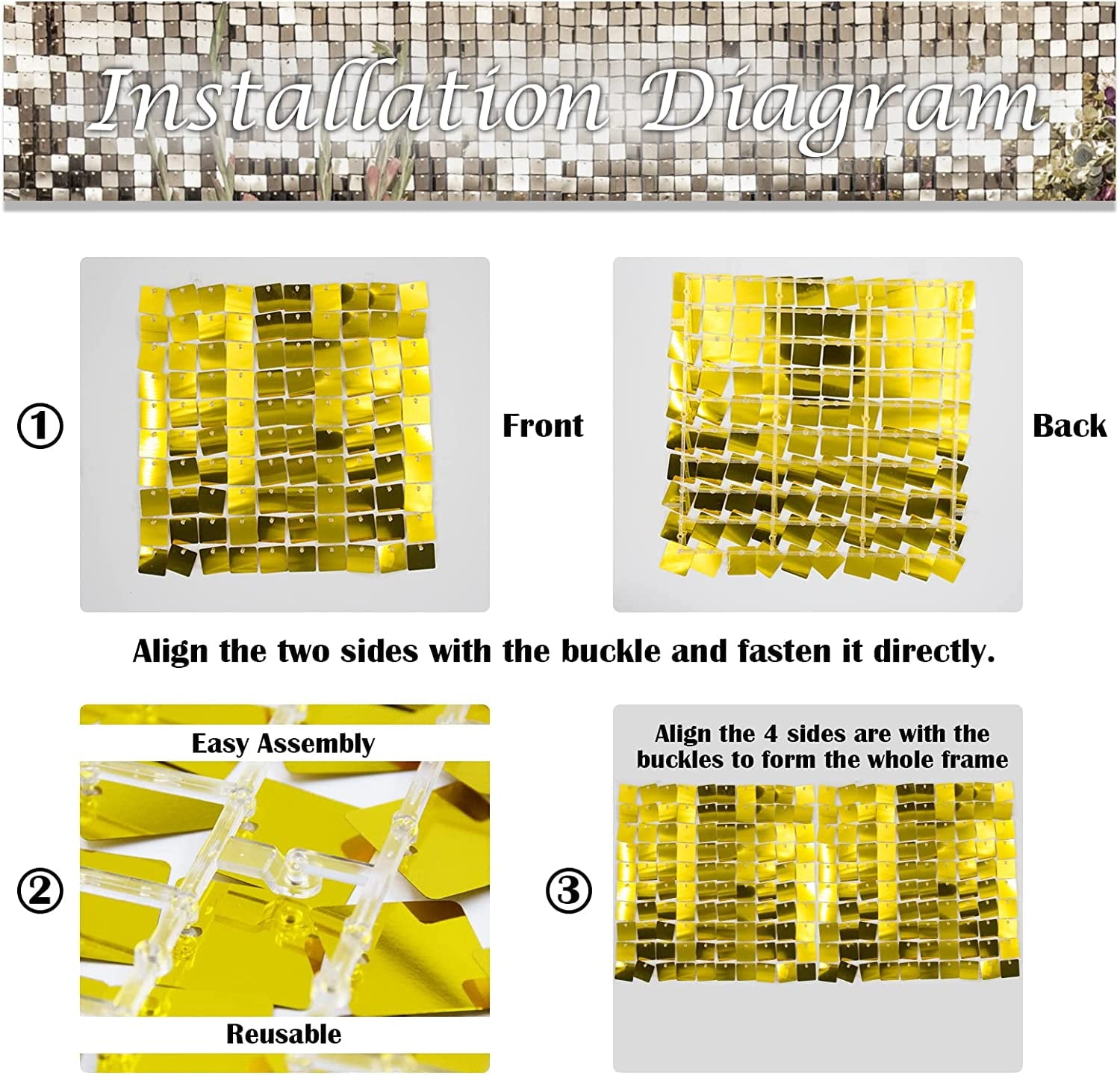 Wall Backdrop with 24 Pcs Gold Square Sequin Panels for Decor of Birthday, Wedding, Party, Graduation and Anniversary