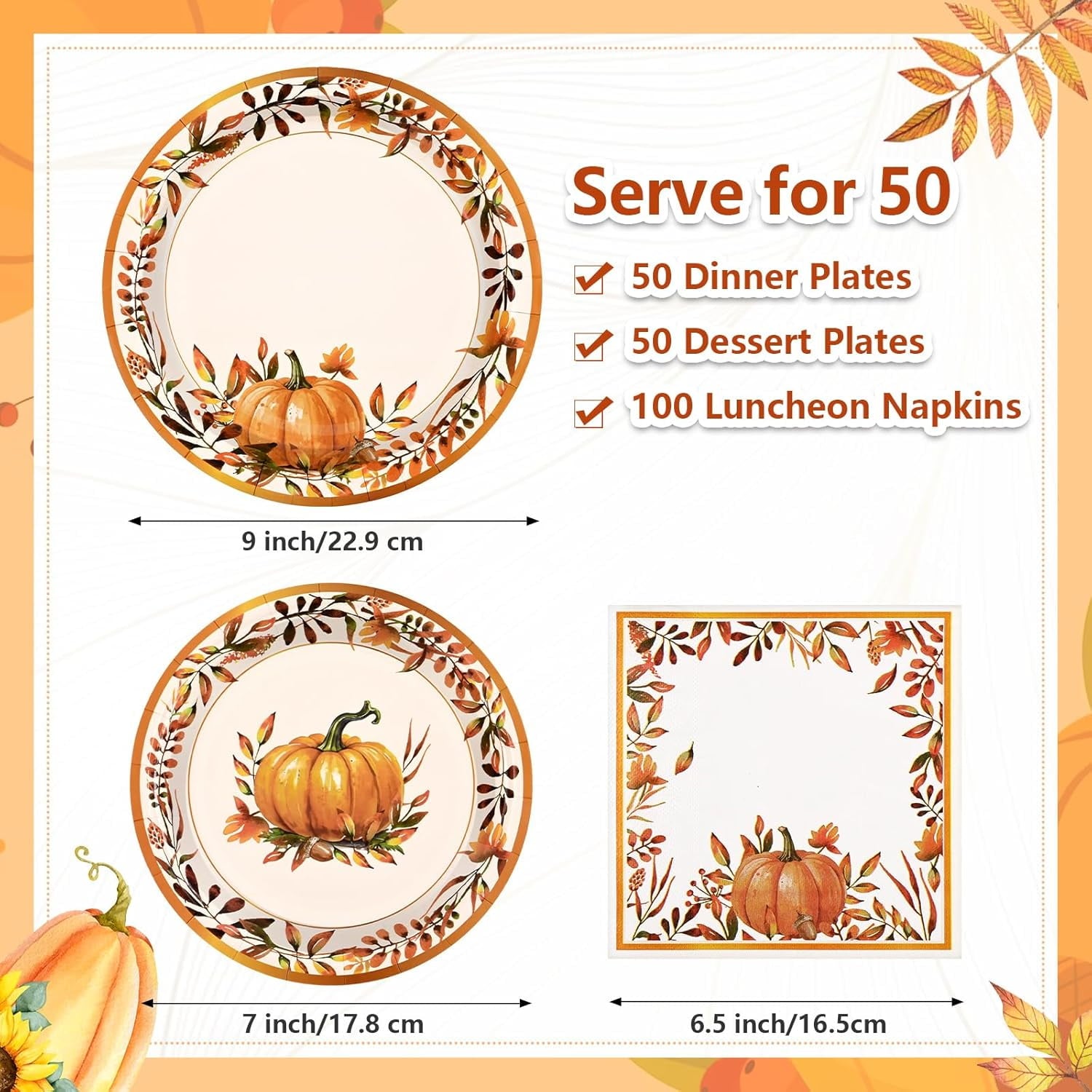 Caltero 200 PCS Fall Thanksgiving Paper Plates and Napkins, Pumpkin Wreath Disposable Dinnerware Set Serve 50 Party Supplies