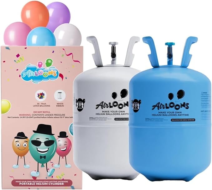 Airloons Pack of 2 Purified Helium Tank - Inflate up to 100 Latex Balloons | 14 cu. ft. Cylinder for Longer Float Time | Balloon Pump Kit for Birthday Decorations, Valentine's Day Home Decorations