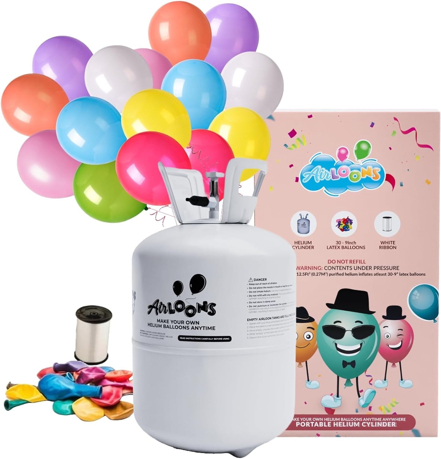 Airloons Portable Disposable 9.5inch Helium Tank Balloon Kit with 30 Multicolor 9-inch Latex Balloons