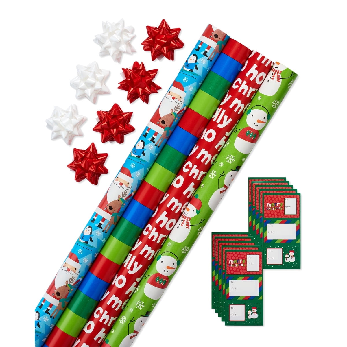 American Greetings 120 sq. ft. Christmas Wrapping Paper Set, Santa, Snowmen, Stripes and Christmas Text (4 Rolls 30 in. x 8 ft., 7 Bows, 30 Gift Tags)