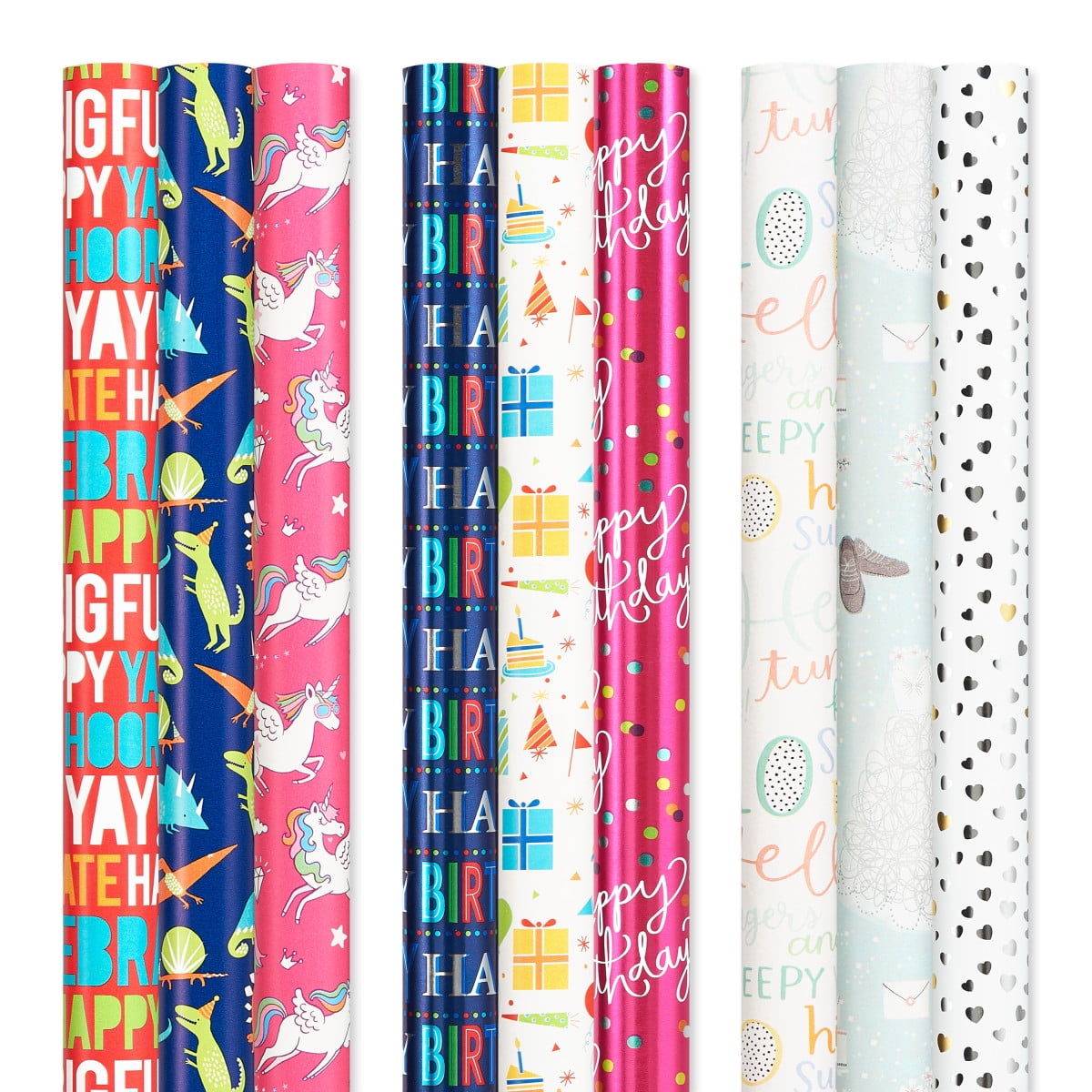American Greetings Reversible Birthday, Baby, Wedding, and All Occasion Wrapping Paper, Unicorns and Dinosaurs (9 Rolls, 225 sq. ft.)