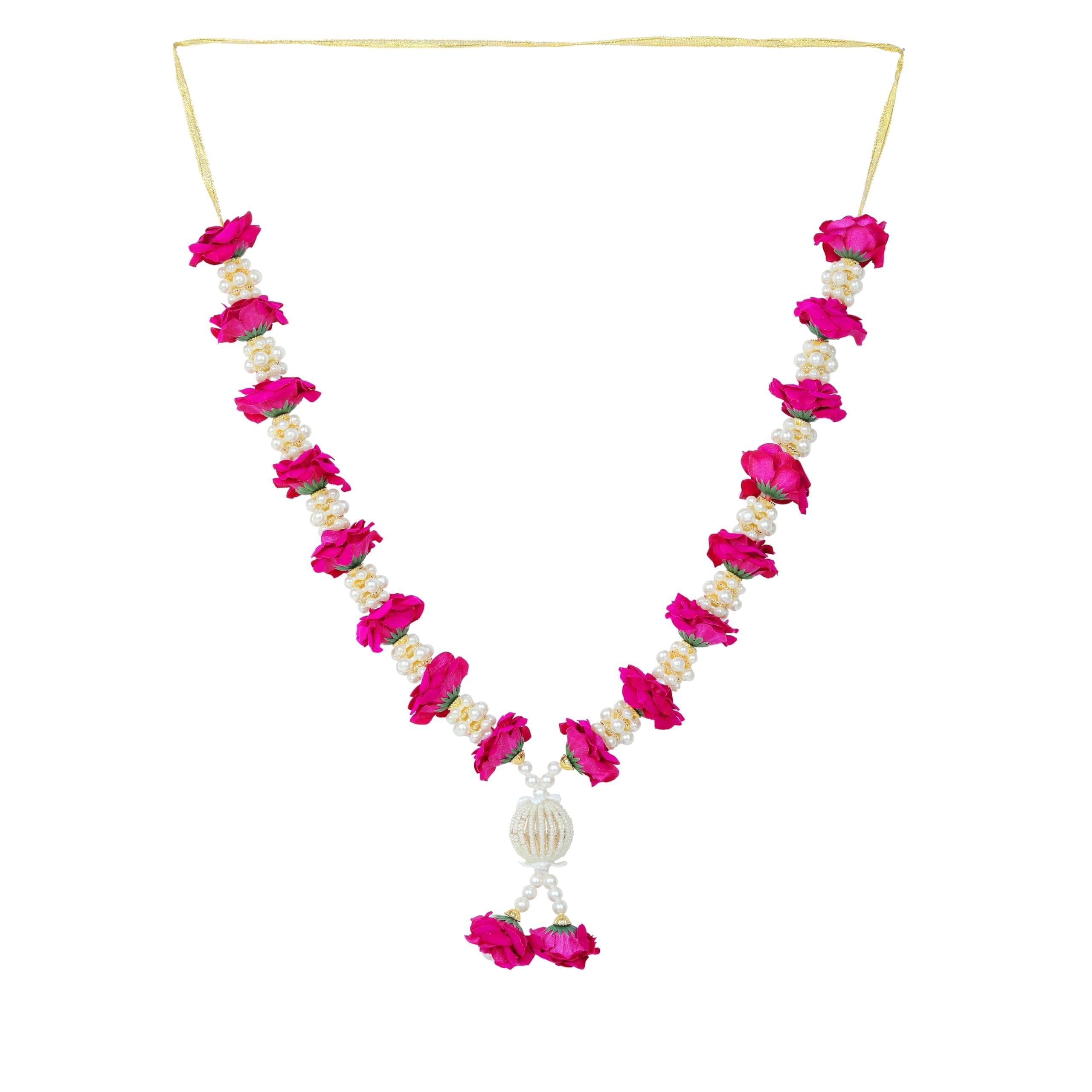 Artificial Mala Rose Flowers Ribbon Garland Haar Mala for Idol-Mala with Beads for God Statues Accessories Pooja Sringar Articles Ornament for Indian Traditional Festival Decoration(Size:-14")(Red)