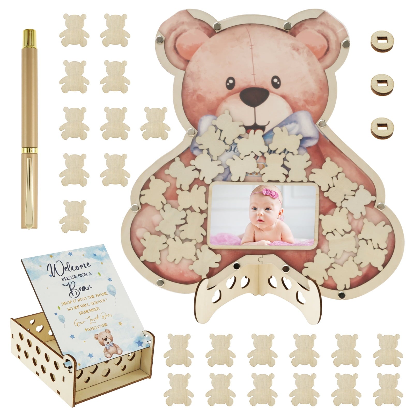 Baby Shower Guest Book Solid Practical Wood Slices Guest Book with Photo Frame Cute Baby Shower Sign in Guestbook Reliable Reusable Guestbook Signature Book for Party