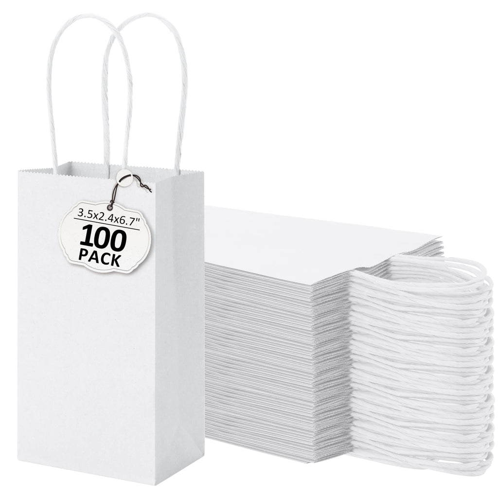 BagDream 100 Pack Mini White Gift Bags with Handles 3.5x2.4x6.7 Recyclable Kraft Paper Bags for Party Favor, Birthday, Baby Shower, Candy, Small Business