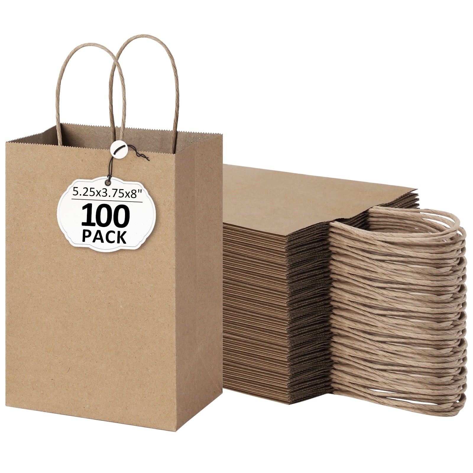 BagDream 100 Pack White Gift Bags with Handle, 5.25x3.75x8" Small Kraft Paper Bags for Birthday Wedding Party Favors Grocery Retail Business