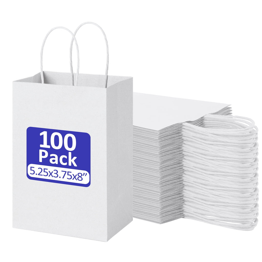 BagDream 100 Pack White Gift Bags with Handle, 5.25x3.75x8" Small Kraft Paper Bags for Birthday Wedding Party Favors Grocery Retail Business