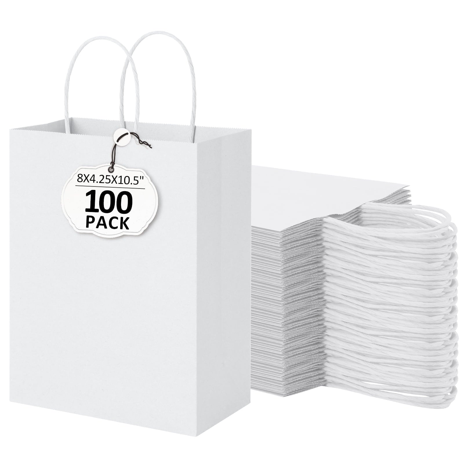 BagDream 100Pcs Paper Gift Bags 8x4.25x10.5 White Kraft Paper Bags with Handles Shopping Bags Bulk Medium Size for Wedding, Mother's Day, Baby Show and Birthday