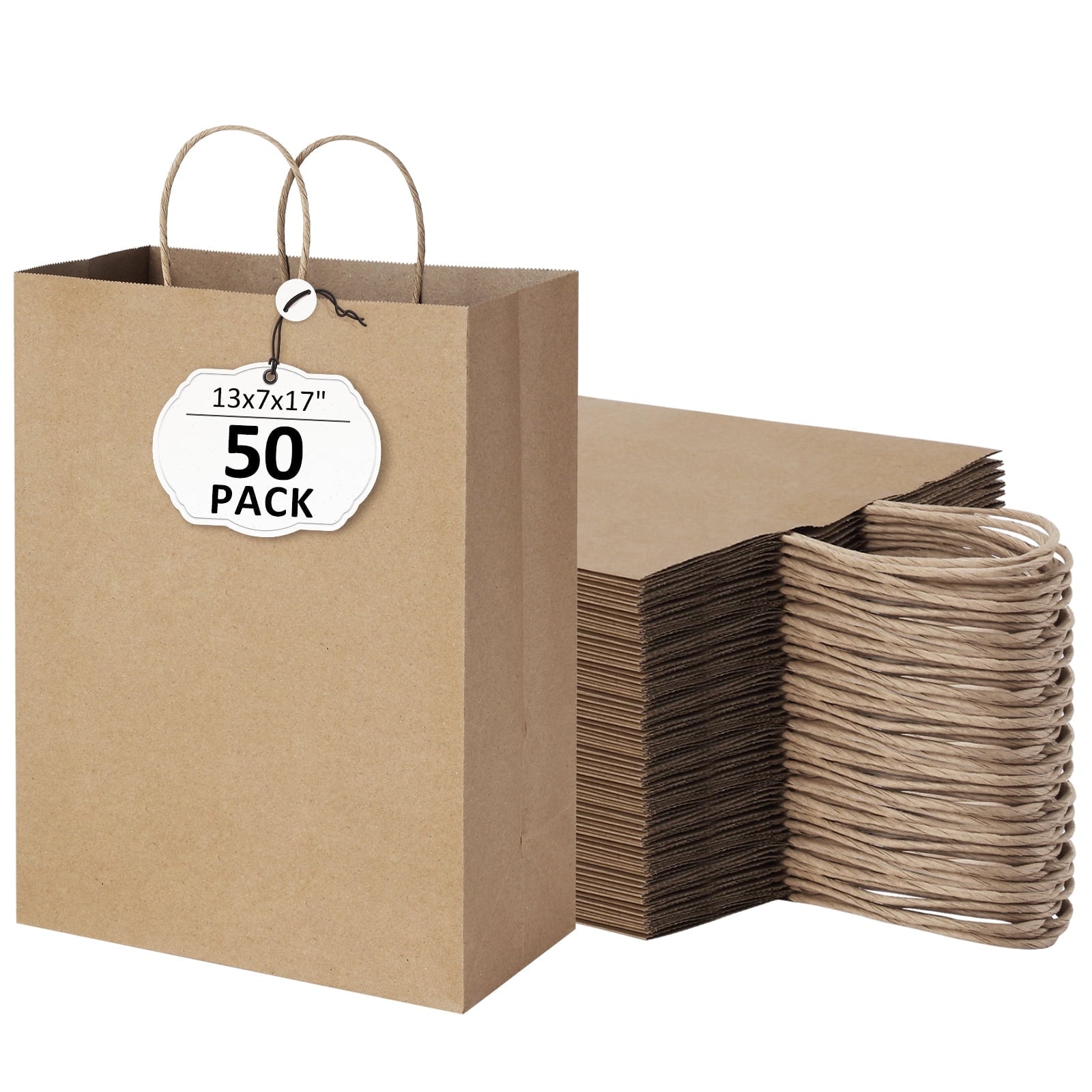 BagDream 50 Pack Paper Gift Bags 13x7x17 Recyclable Brown Kraft Paper Bags with Handles Bulk Party Bags, Shopping Bags, Retail Bags, Merchandise Bags