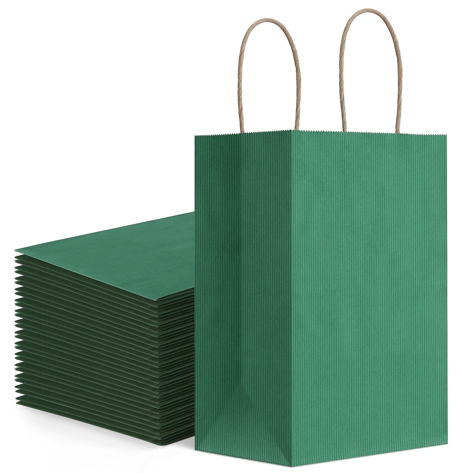 BagDream 100 Pack Green Gift Bags with Handles Small Kraft Paper Bags for Birthday, Christmas, Gifts, Holidays, 5.25x3x8inches