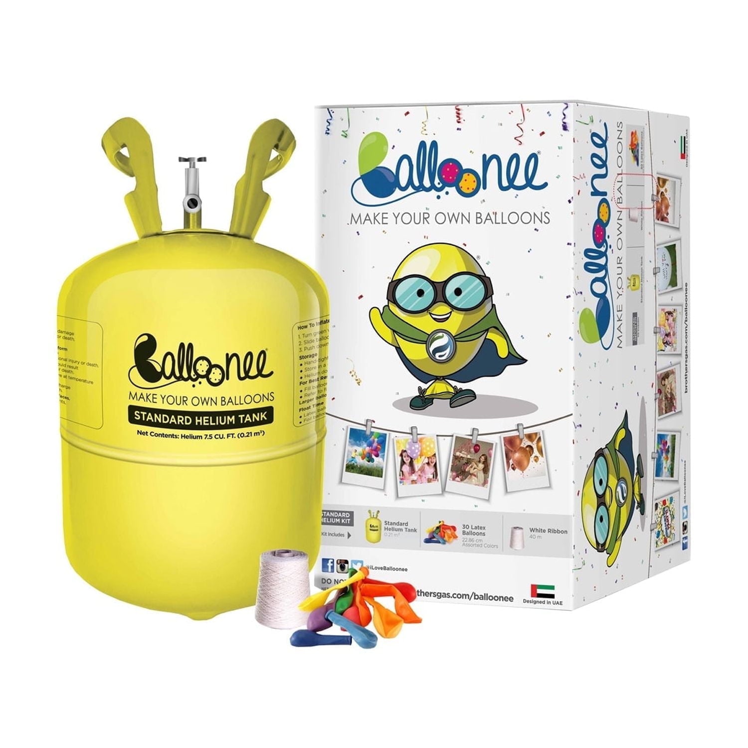 Balloonee Standard Disposable Helium Party Kit, Helium Tank for Balloons At Home, 7 Cu Ft Helium Balloon Pump Kit with 30 Assorted Latex Balloons