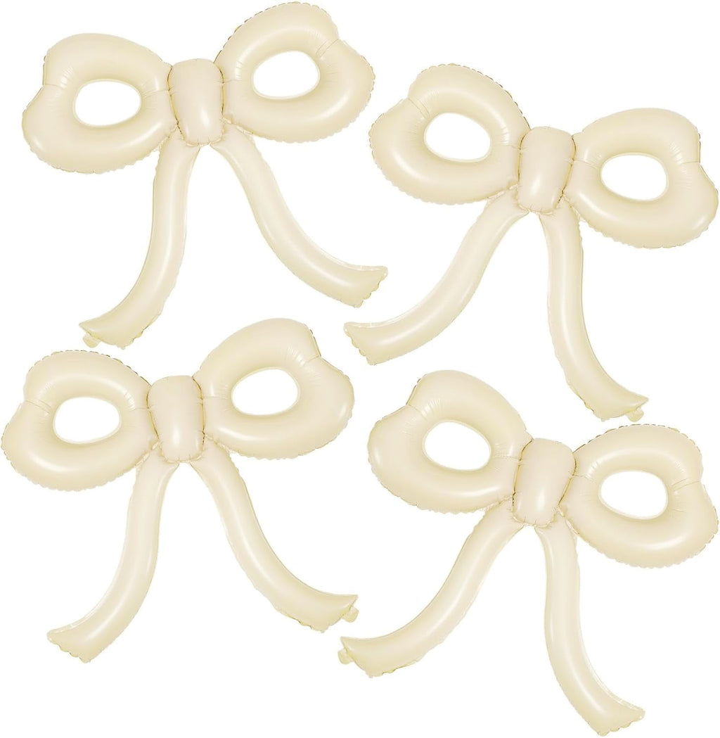 Bow Themed Party Decorations 4 Pack, Large 30x28 Inch Cream Foil Balloons with Ribbon for s Women Birthday Wedding Shower, Beige
