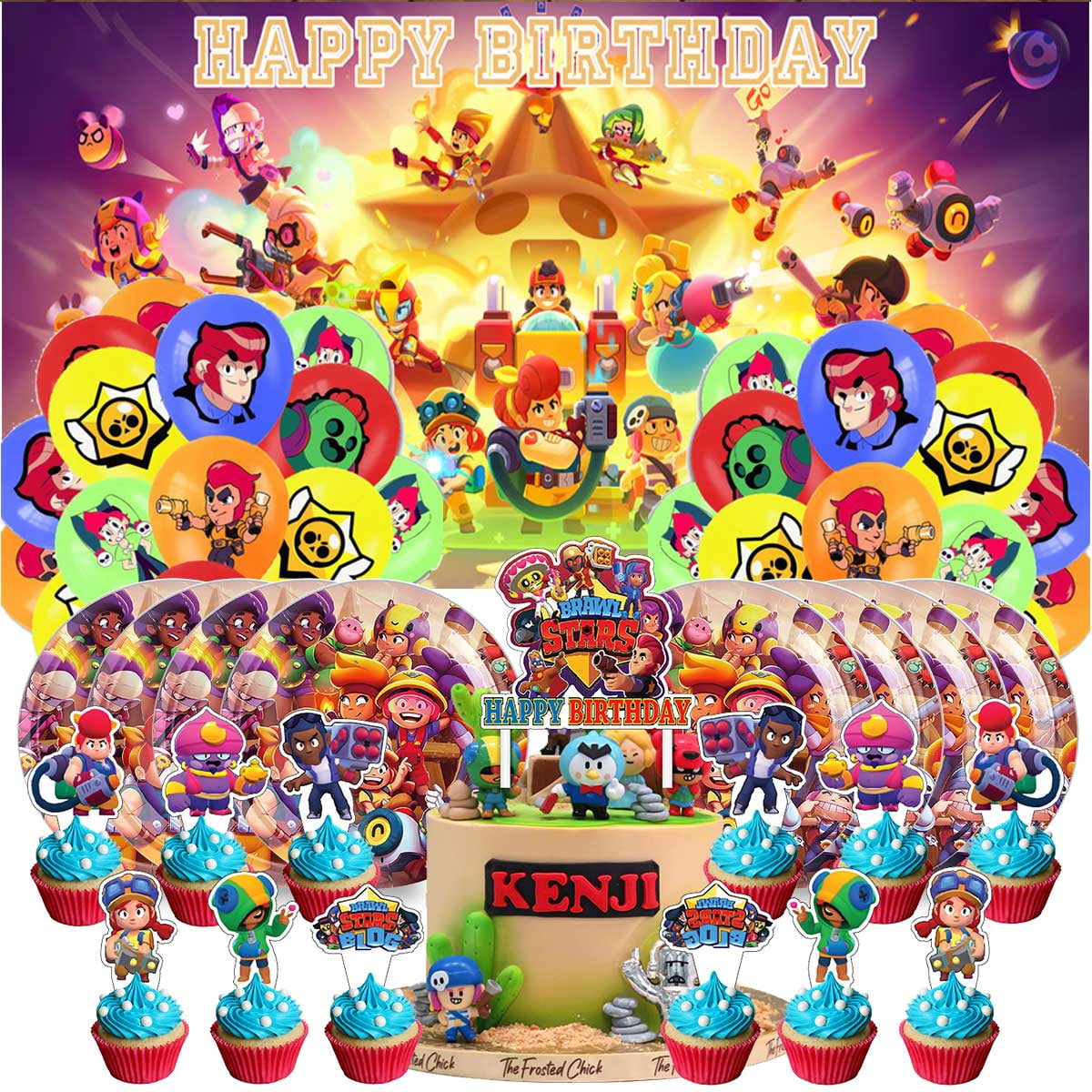 Brawl Stars Balloons Supplies Party Decor Plates Decorations Banner Cake Topper Tableware Banner Backdrop