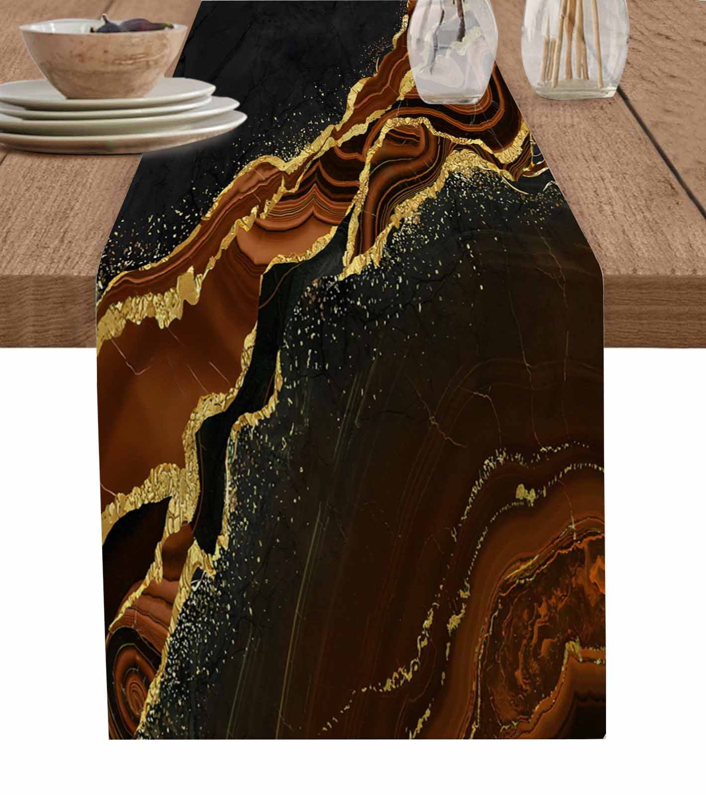 Brown Marble Table Runner Gold Abstract Vintage Modern Ombre Art Tablerunners 14 x 72 Inch, Table Decorations Tabletop Scarf for Summer Gathering Holiday Farmhouse Kitchen Dining Decor