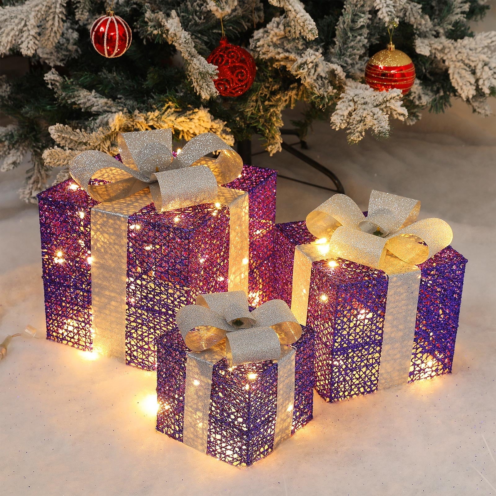 Bxaolu Christmas Lighted Gift Boxes: Set of 3 Light Up Presents Christmas Decoration for Indoor Xmas Tree Outdoor Yard Holiday, Battery Operated Gift Boxes with Lights(Purple)