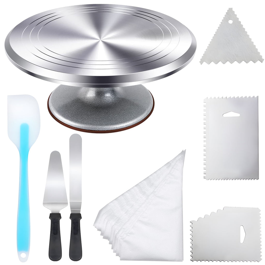 Cake Turntable Set, 12'' Aluminium Alloy Cake Stand, Cake Decorating Turntable with 3 Comb Smoother Offset Spatula Cake Serve for Cake, Cupcake, Desserts