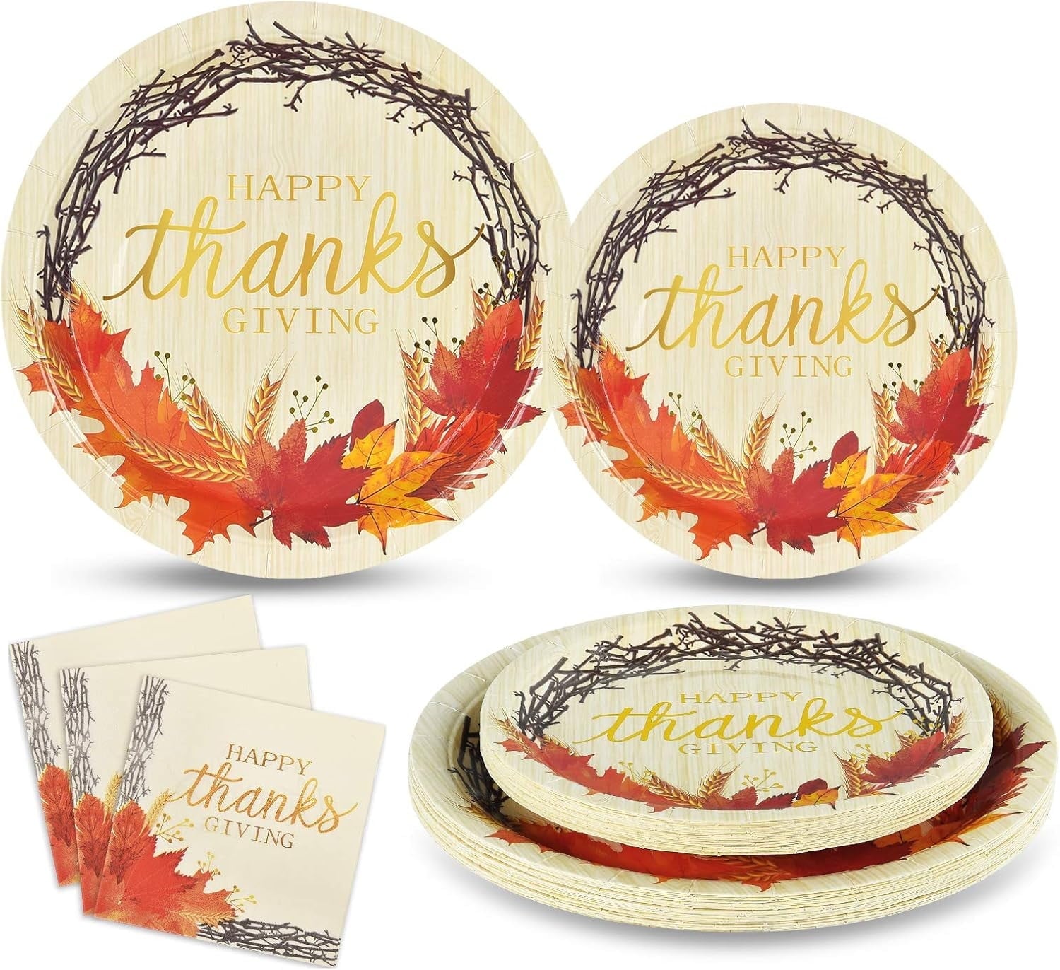 Caltero 200 PCS Thanksgiving Plates and Napkins Serves 50 Guests, Maple Leaves Disposable Dinnerware Set for Fall Holiday Thanksgiving Party Supplies
