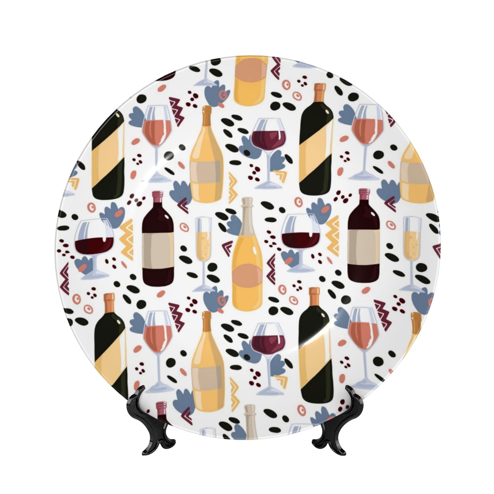Cauagu Wine Bottles Glasses Print Bone China Decorative Plate, Wall Mount Plate Holiday Decor Decorative Ceramic Plates with Stand Elegant Household Plates Decorative-6in
