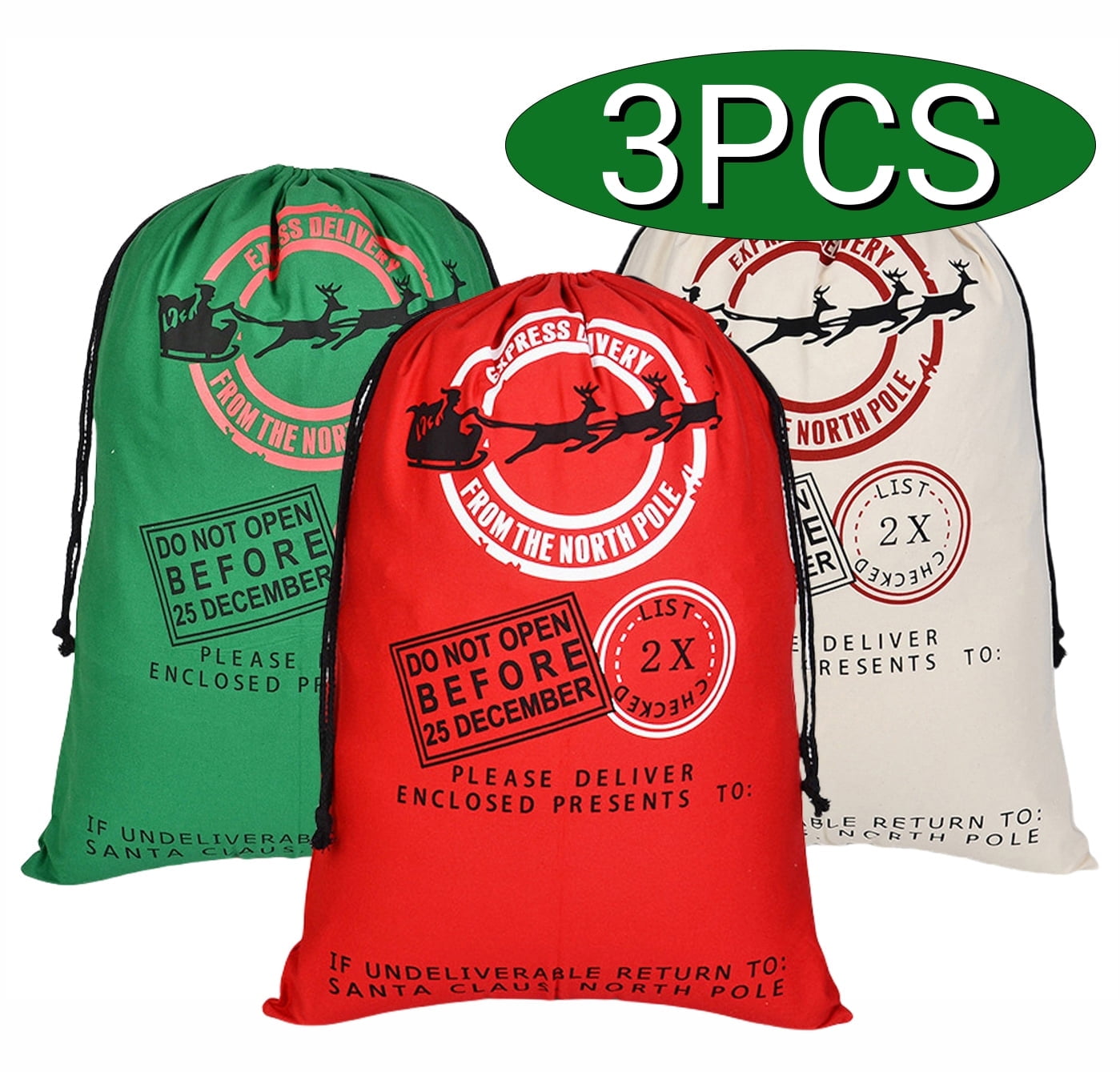 Christmas Bags Gift Sacks Drawstring Large Reusable Burlap Xmas Santa Sacks Gift Bags for Package Storage Party Supplies 3-Pack Design1