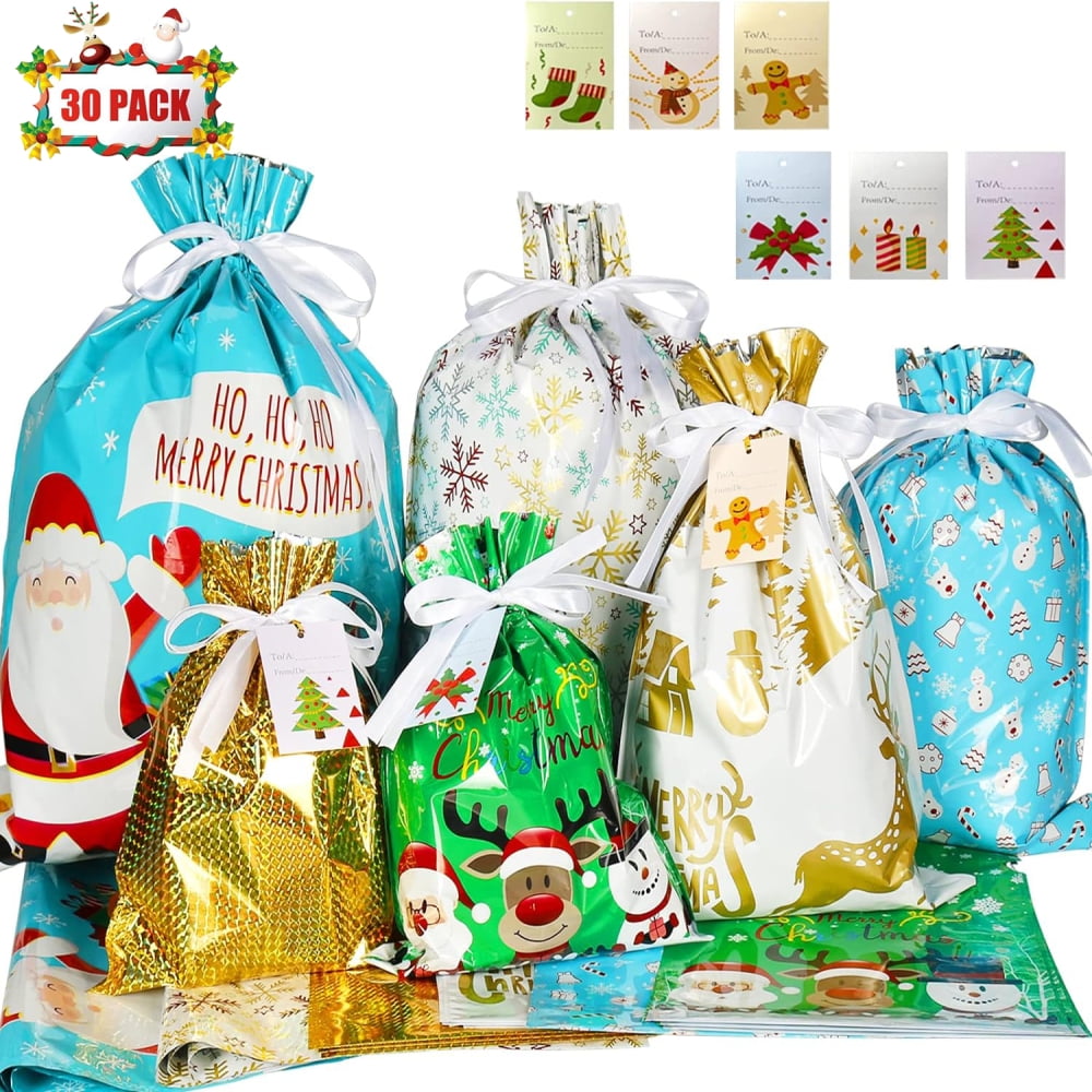 Christmas Gift Bags, 30PCS Drawstring Christmas Gift Bags, 4 Sizes and 6 Designs with Inserted Drawstring Ribbons and Tags for Xmas Holiday Presents Party Favor Wrapping