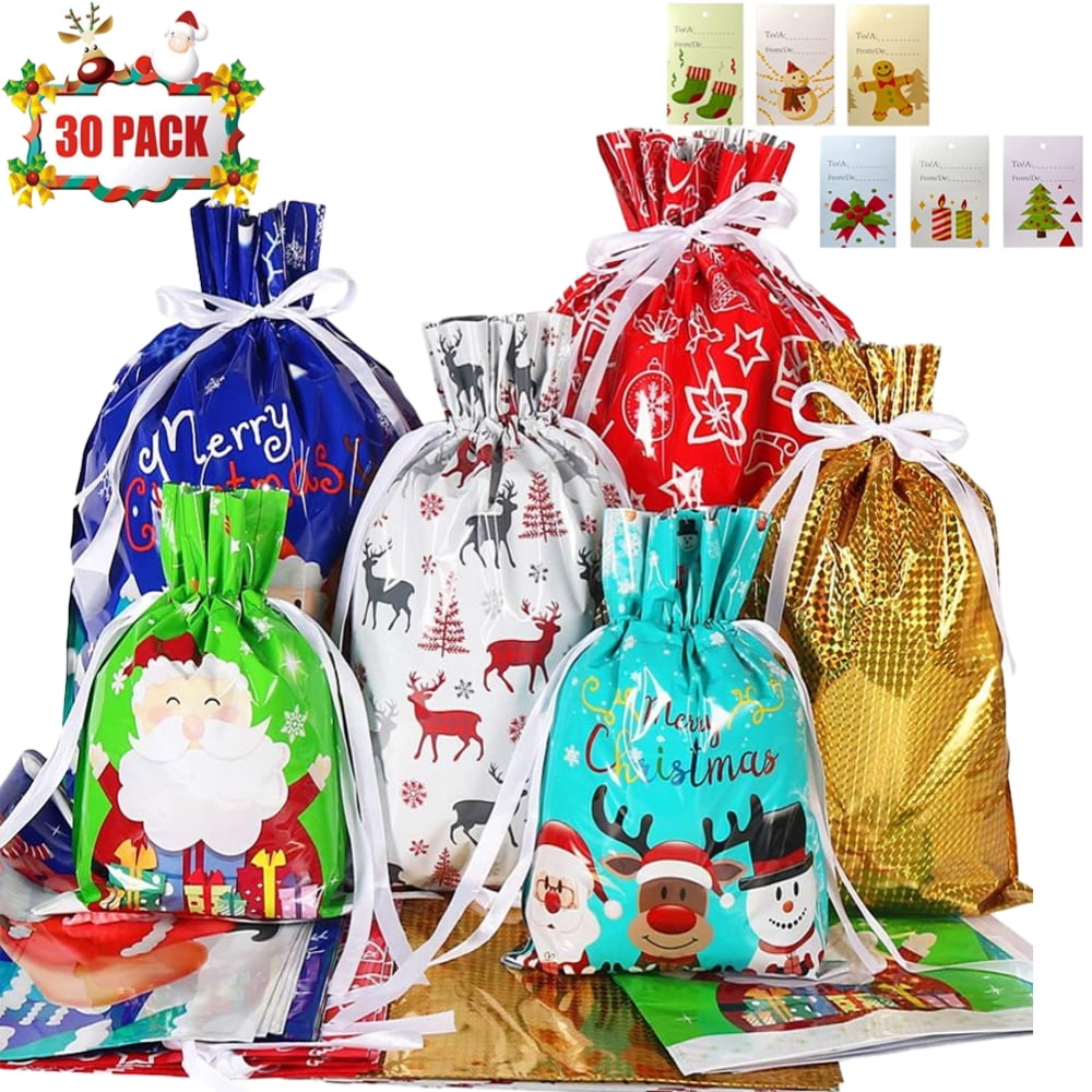 Christmas Gift Bags, 30PCS Drawstring Christmas Gift Bags, 4 Sizes and 6 Designs with Inserted Drawstring Ribbons and Tags for Xmas Holiday Presents Party Favor Wrapping