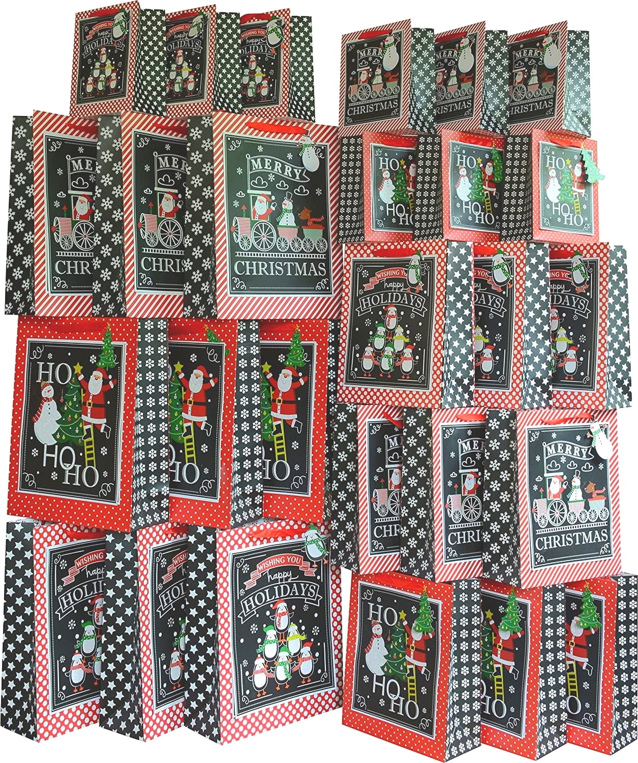 Christmas Gift Bags with Holiday Prints - Large Scale Holiday Design Packages - Easy Gift Storing & Wrapping for Christmas - Pack of 27
