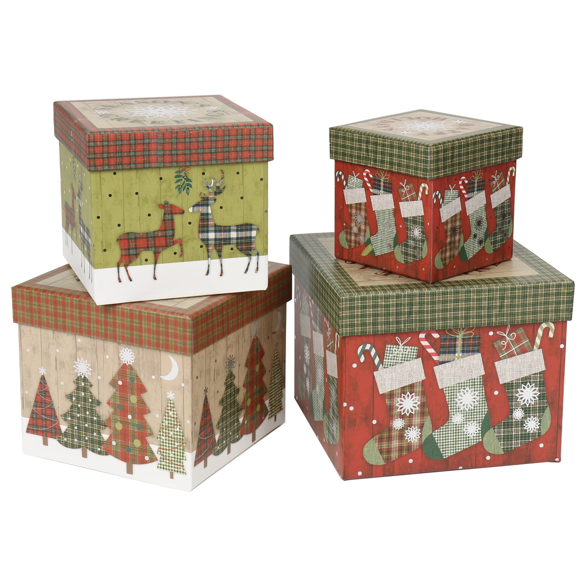 4 Pack Christmas Gift Boxes with Lids Nesting Square Box Set in Bows Decor Designs for Christmas Holiday Birthday Wedding Present