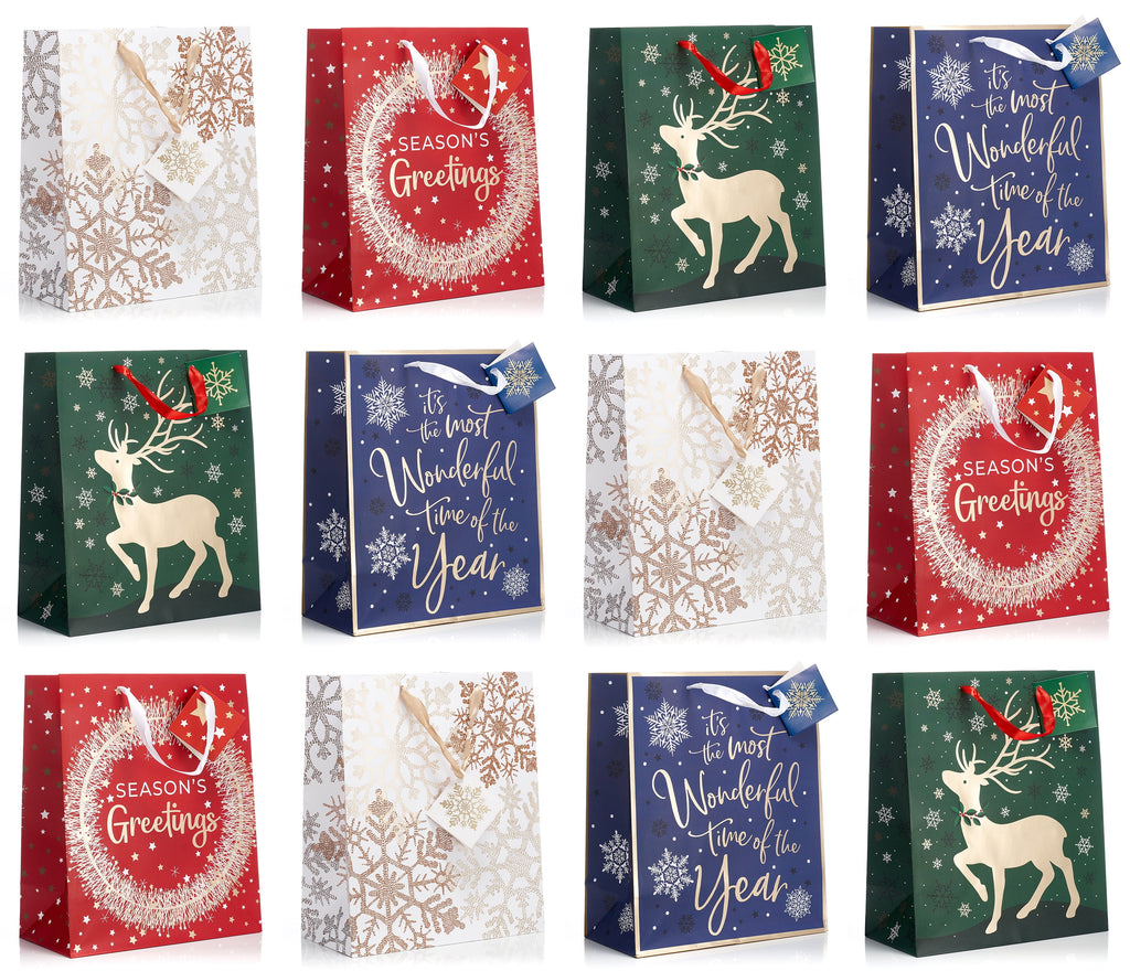Christmas Large Holiday Gift Bags with Foil Hot Stamps (Pack of 12)