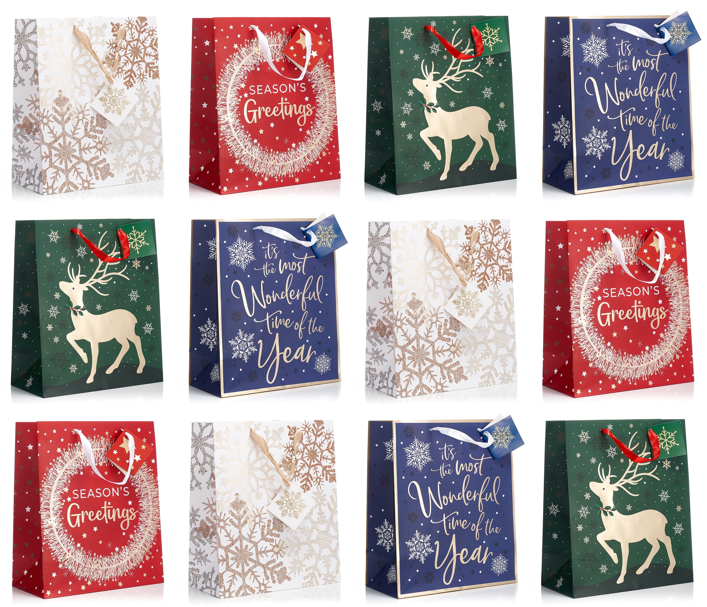 Christmas Large Holiday Gift Bags with Foil Hot Stamps (Pack of 12)