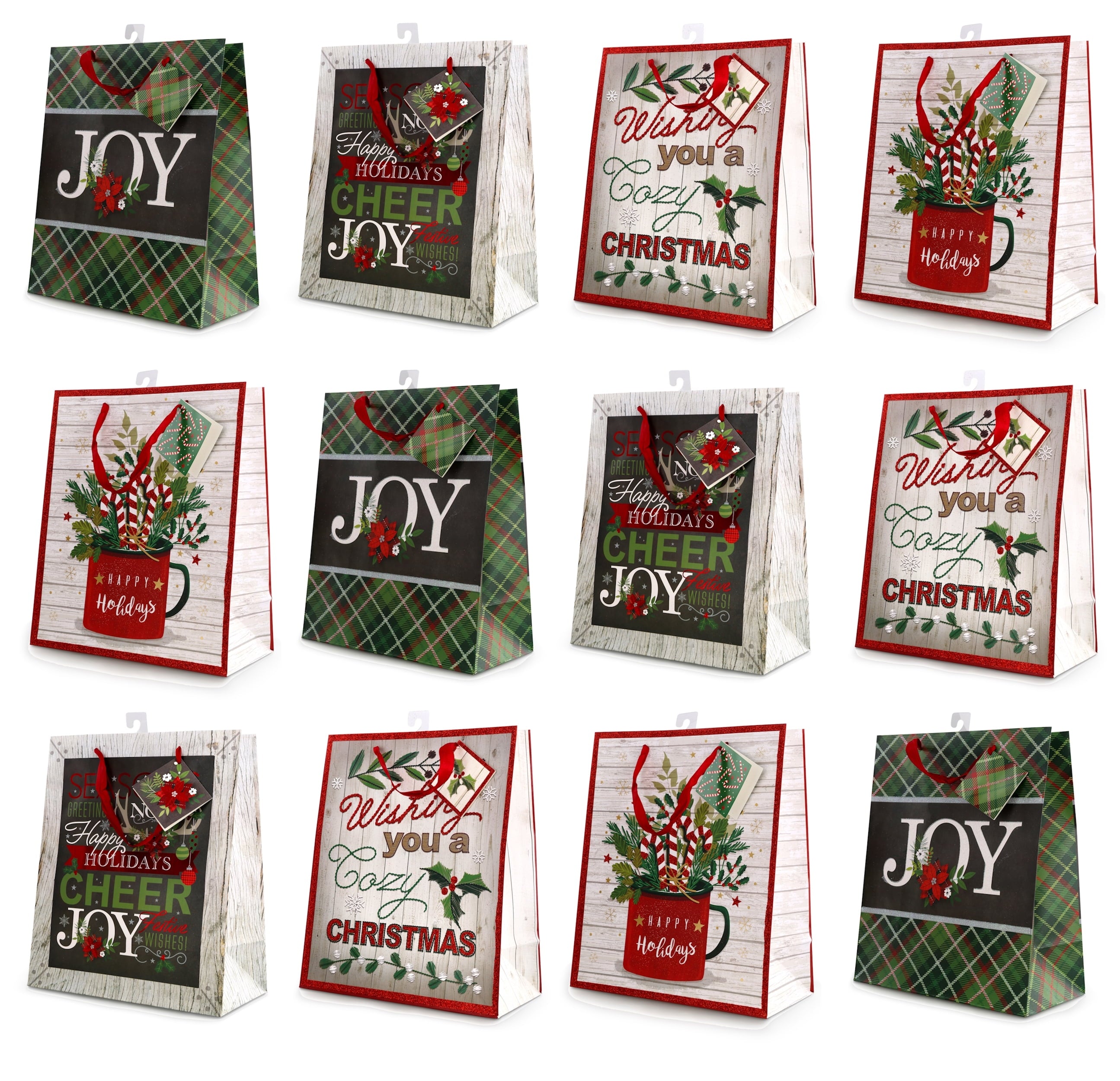 Christmas Large Holiday Gift Bags with Foil Hot Stamps (Pack of 12)