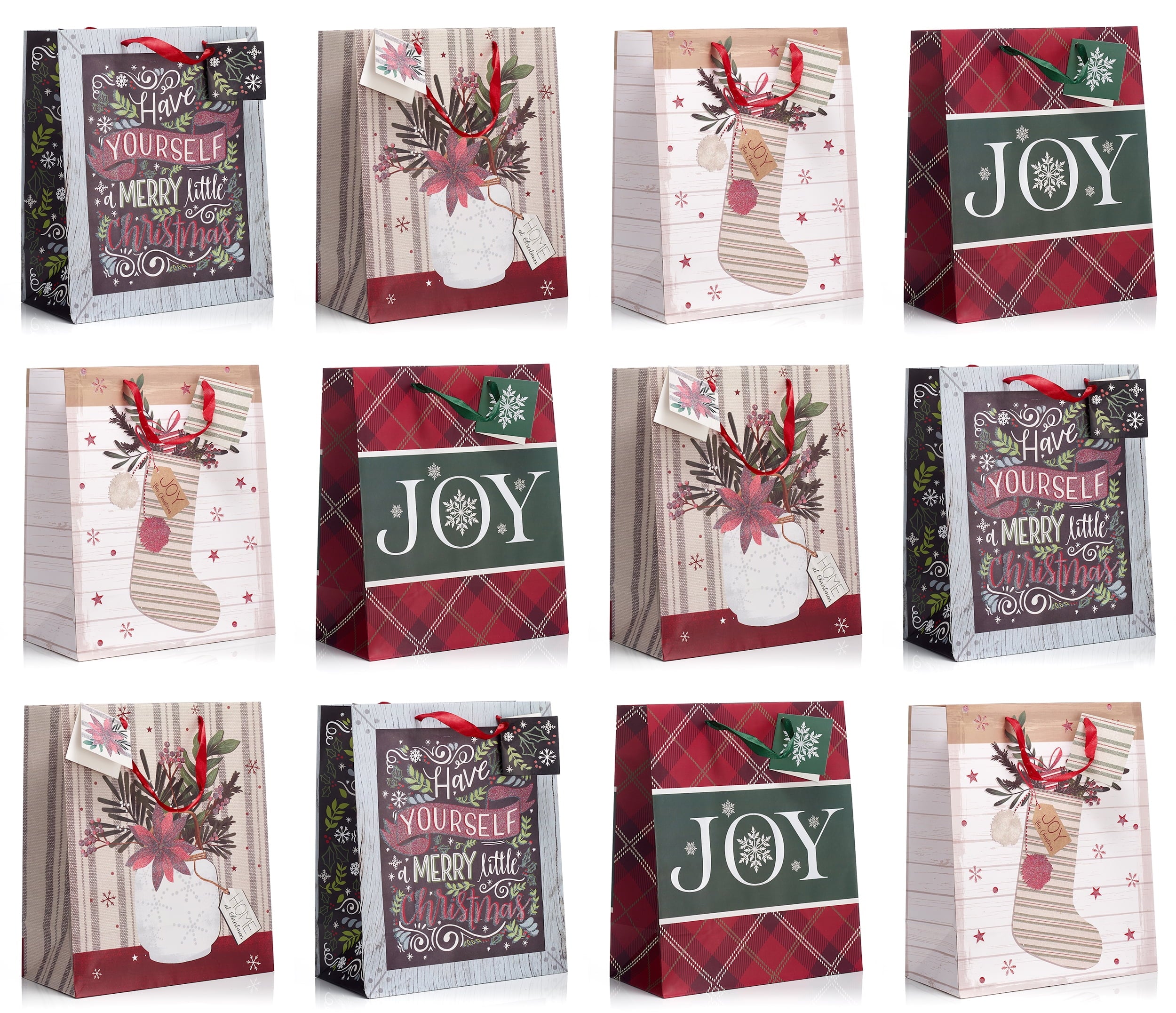 Christmas Large Holiday Gift Bags with Foil Hot Stamps (Pack of 12)