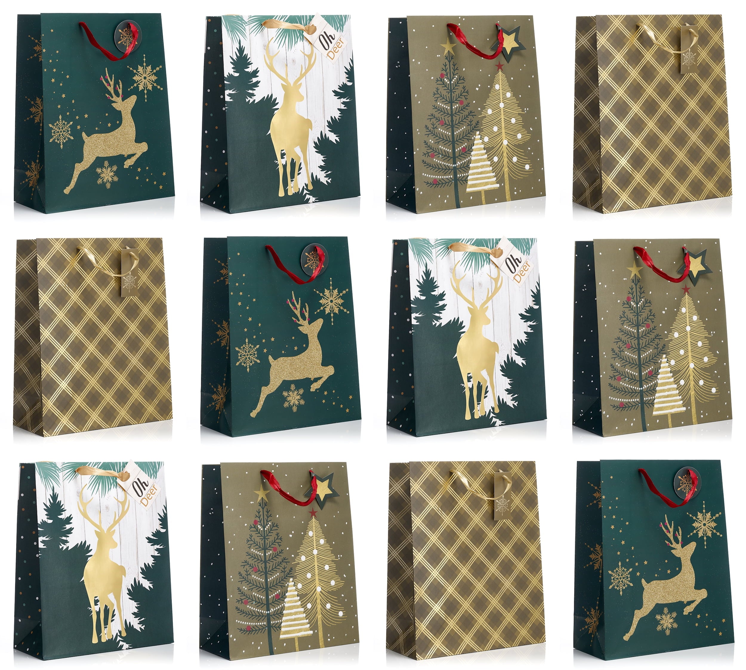 Christmas Large Holiday Gift Bags with Foil Hot Stamps (Pack of 12)