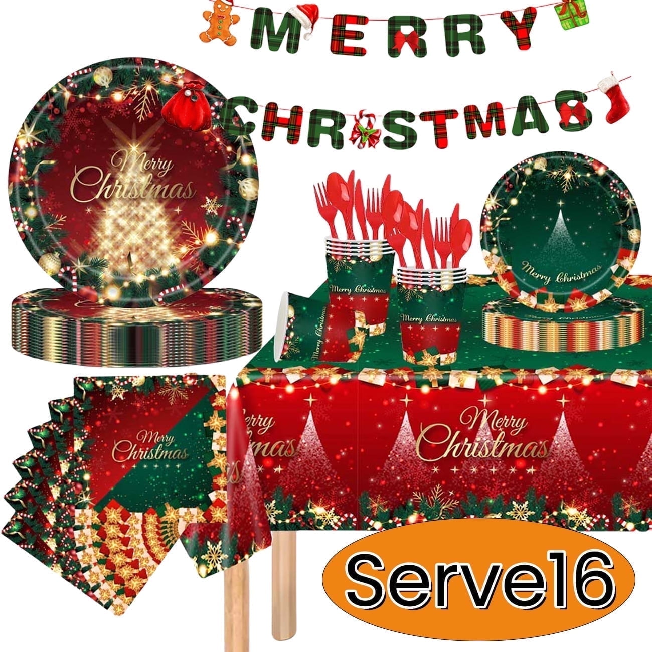 Christmas Paper Plates Party Supplies Decorations Disposable Christmas Dishes Napkins Dinnerware Tablecloth, Serve 16 Design2