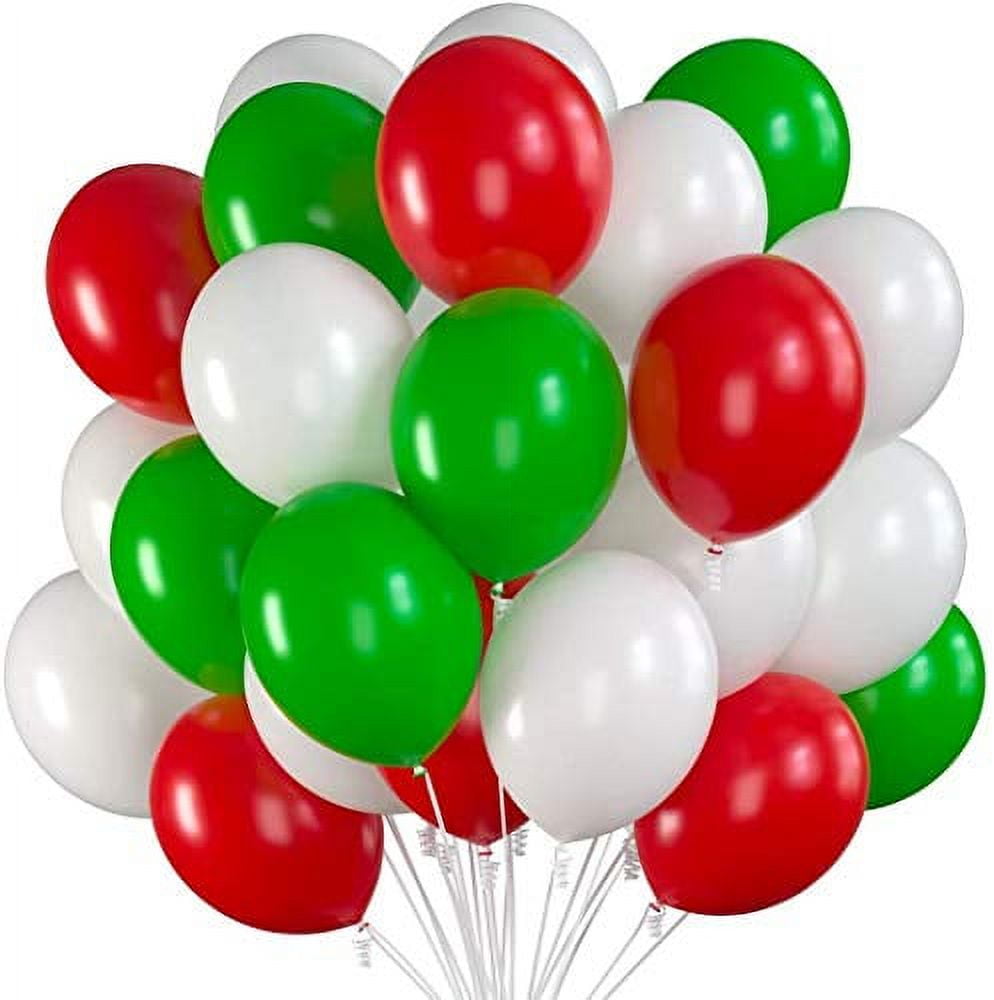 Christmas Party Balloons 12 Inch Red, Green and White Balloons with Ribbon for Christmas Decorations or Xmas Color Themed Party, Weddings, Baby Shower, Birthday Parties, Helium Quality-75 pack
