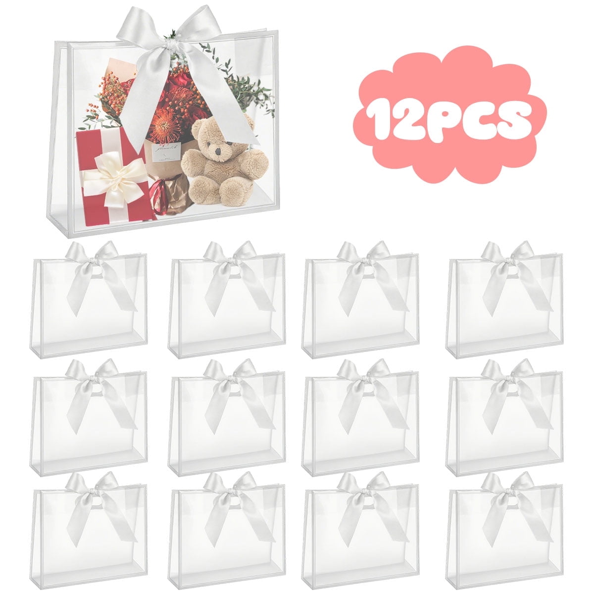 Clear Plastic Gift Bags with Die Cut Handles Graduation Reusable Flower Gift Bag with Ribbon for Wedding Birthday Party Business 12"x10"x5" 12 Pcs White