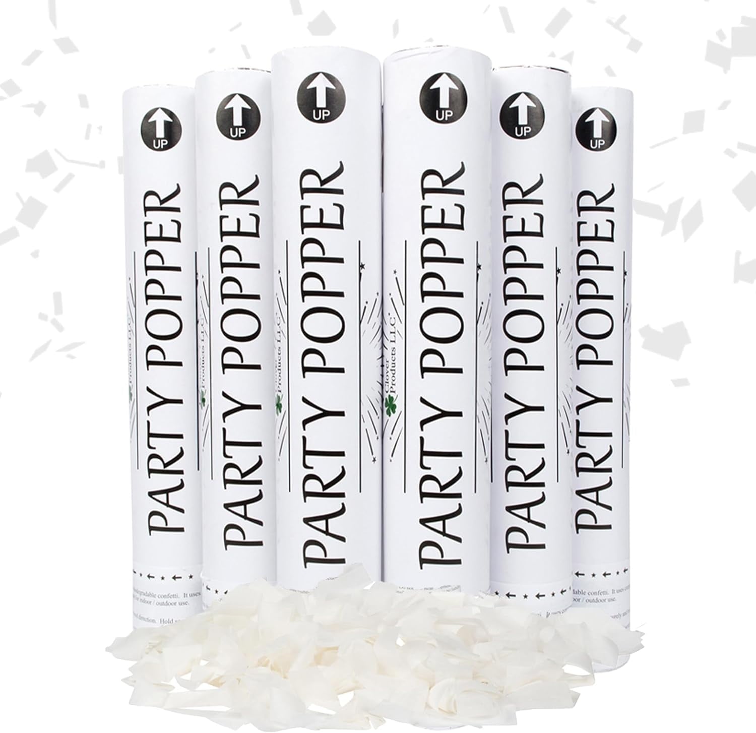Clover Products Premium Wedding Confetti Cannon – (6 Pack) White Biodegradable Paper Confetti Popper | Launches Confetti 20 – 25 feet | Party Poppers