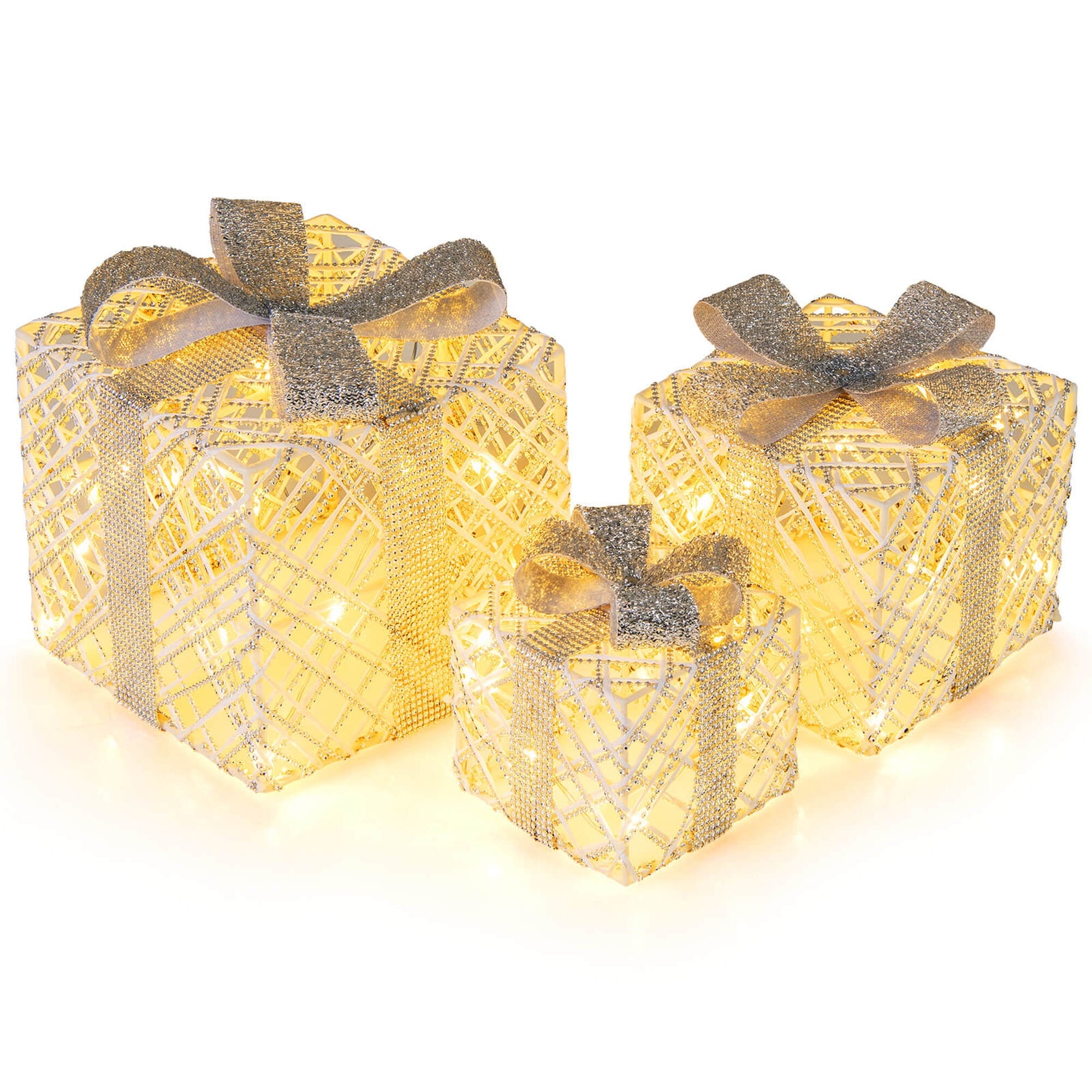 Costway 3 Pack Christmas Lighted Gift Box with 50 LED Lights Detachable Bows for Yard