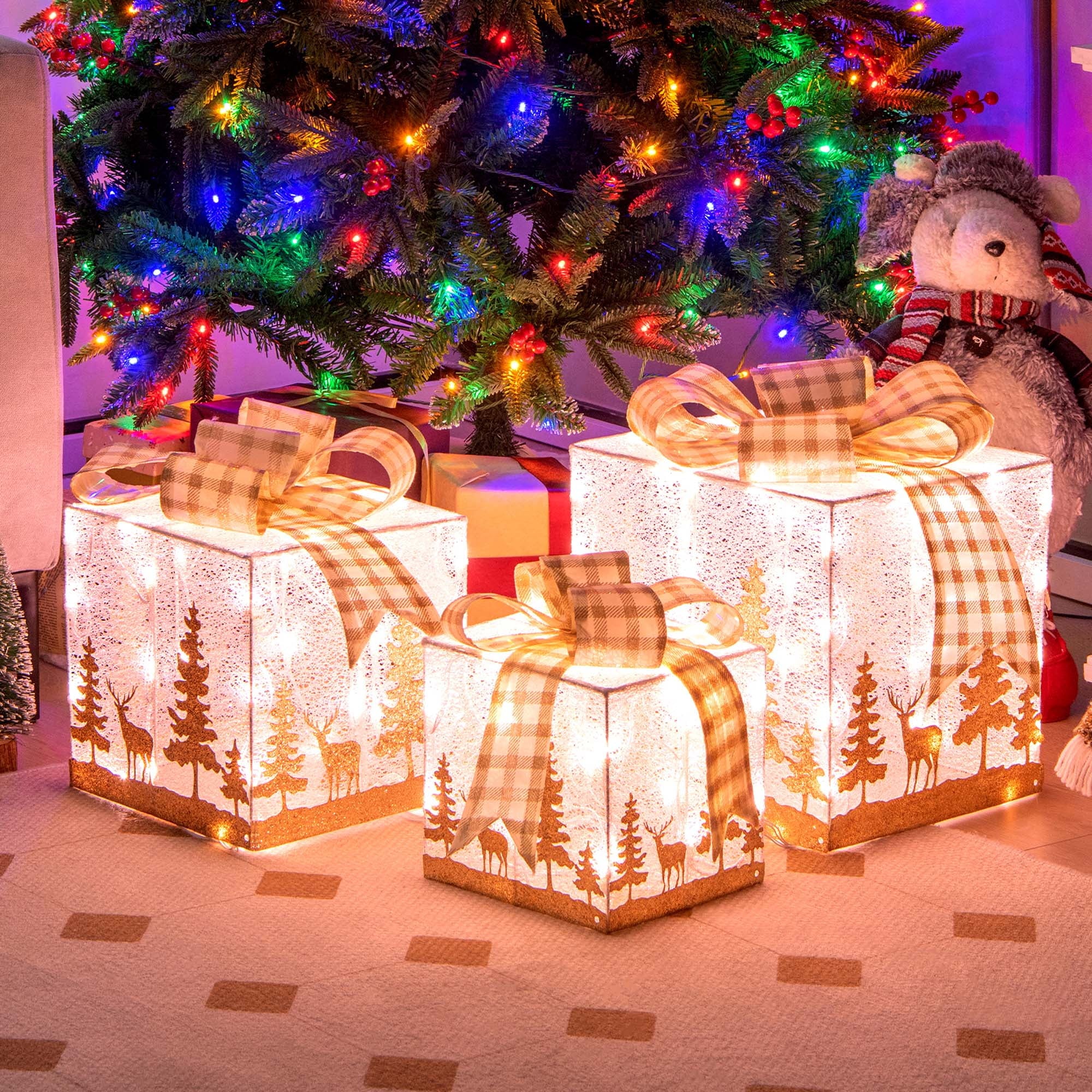 Costway Set of 3 Pre-Lit Christmas Gift Boxes Lighted Present Decoration with 100 Lights