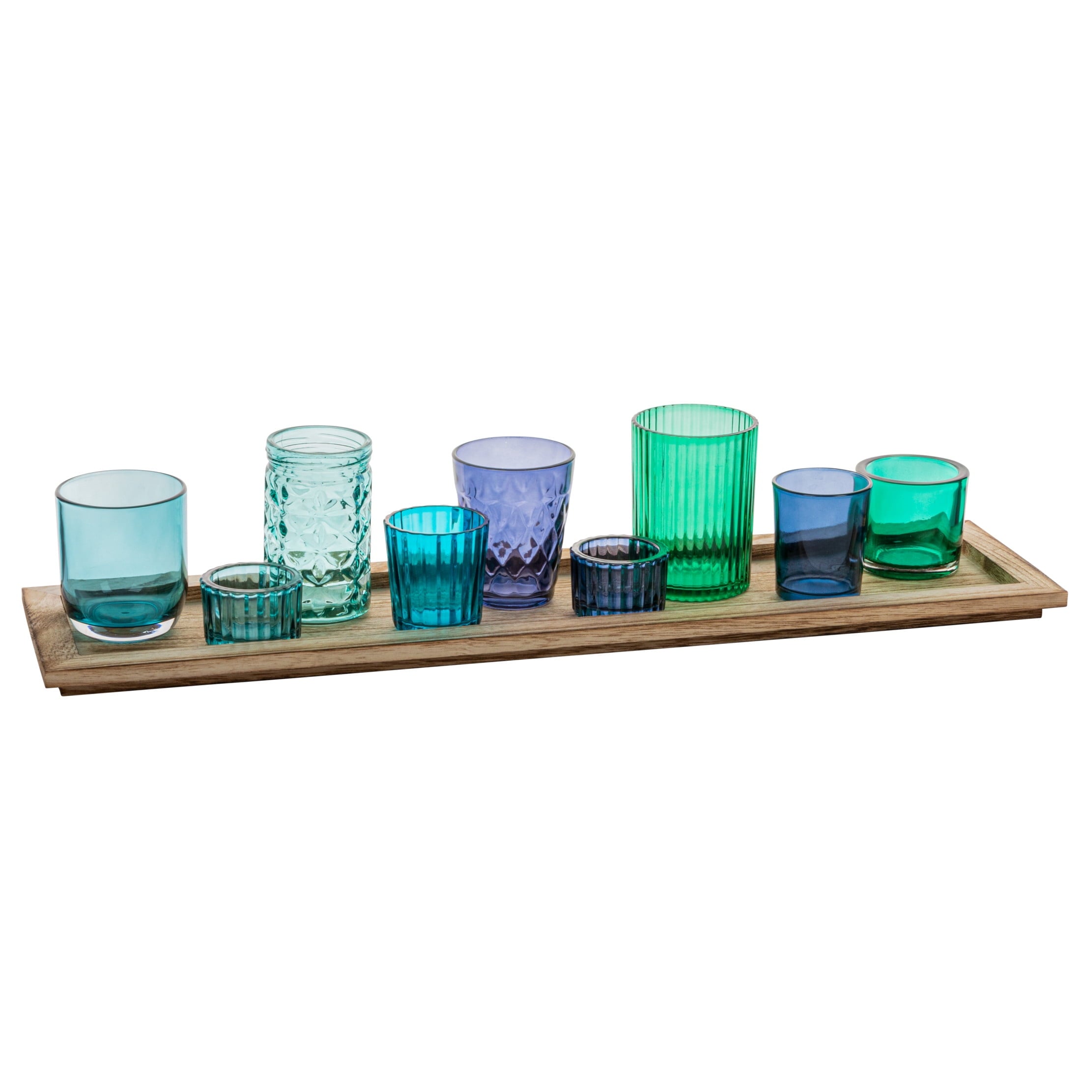 Desert Fields 9-Candle Brown Wood Tray with Glass Votive Candle Holders, Set of 10