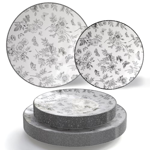 Crown Display 40-Piece Disposable Plates Set - White and Pomegranate Design - 20 Guests