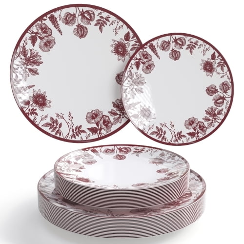 Crown Display 40-Piece Disposable Plates Set - White and Pomegranate Design - 20 Guests