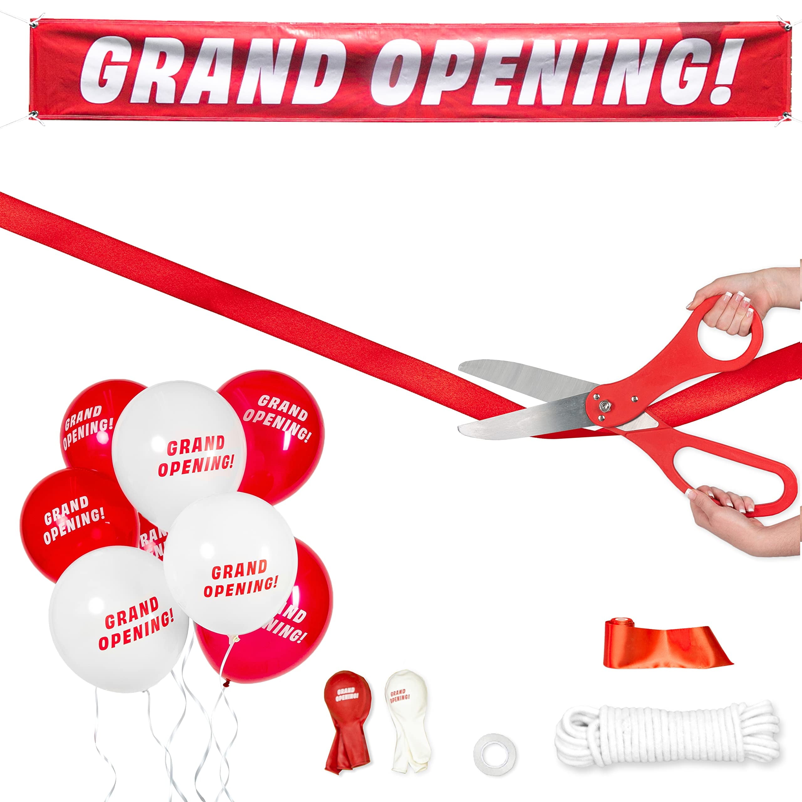 Crutello Ribbon Cutting Ceremony Kit - 21" Giant Red Scissors with Grand Opening Banner and 30 Foot Large Red Ribbon 4" Wide, 20 Balloons, 90 ft Balloon and 20 Feet Banner Rope for Decorations