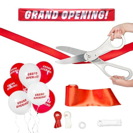 Crutello Ribbon Cutting Ceremony Kit - 21" Giant Red Scissors with Grand Opening Banner and 30 Foot Large Red Ribbon 4" Wide, 20 Balloons, 90 ft Balloon and 20 Feet Banner Rope for Decorations