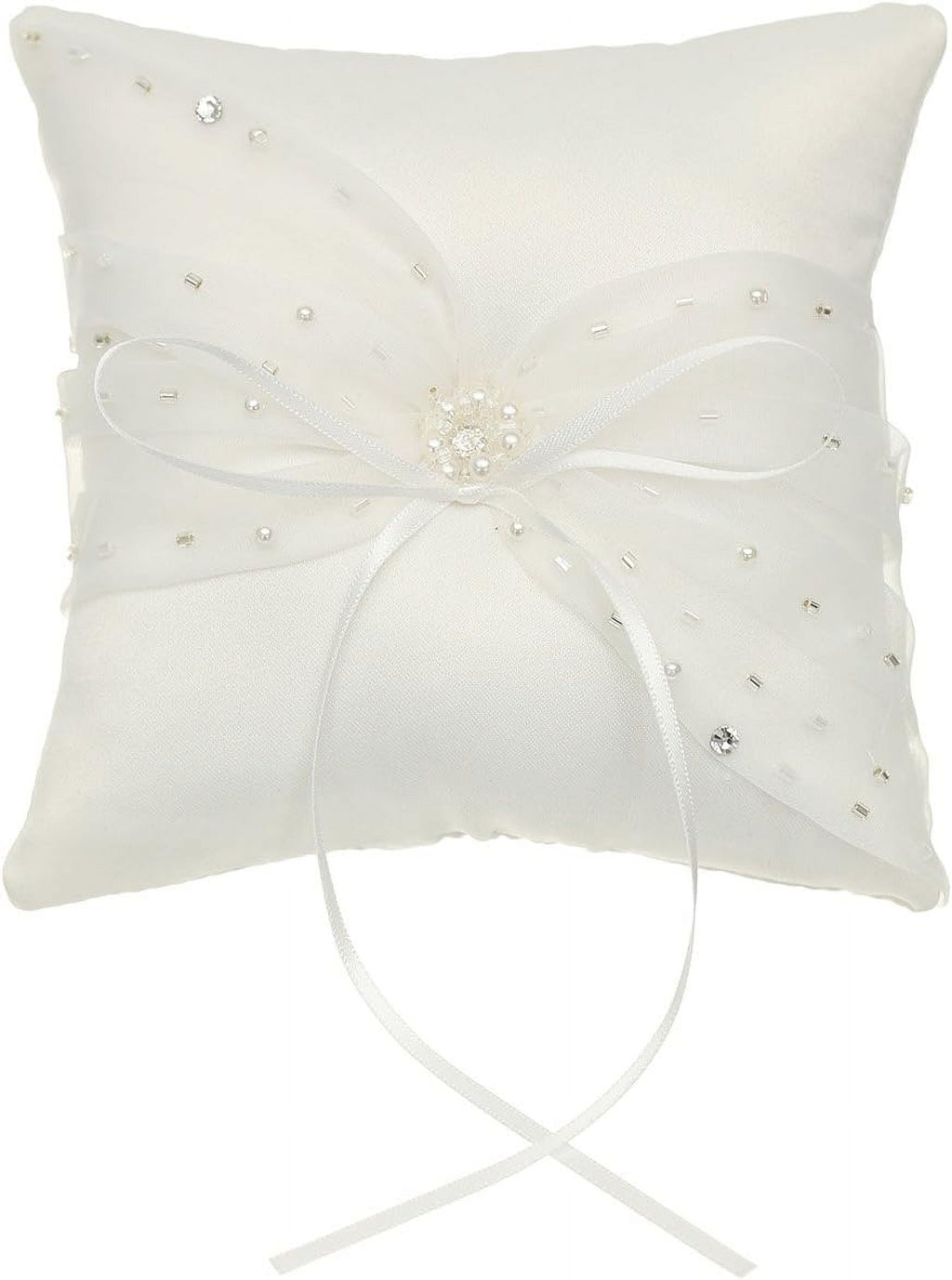 Crystal Beads Lace Bow Wedding Ring Bearer Pillow 6.5 Inch x 6.5 Inch - RP015I