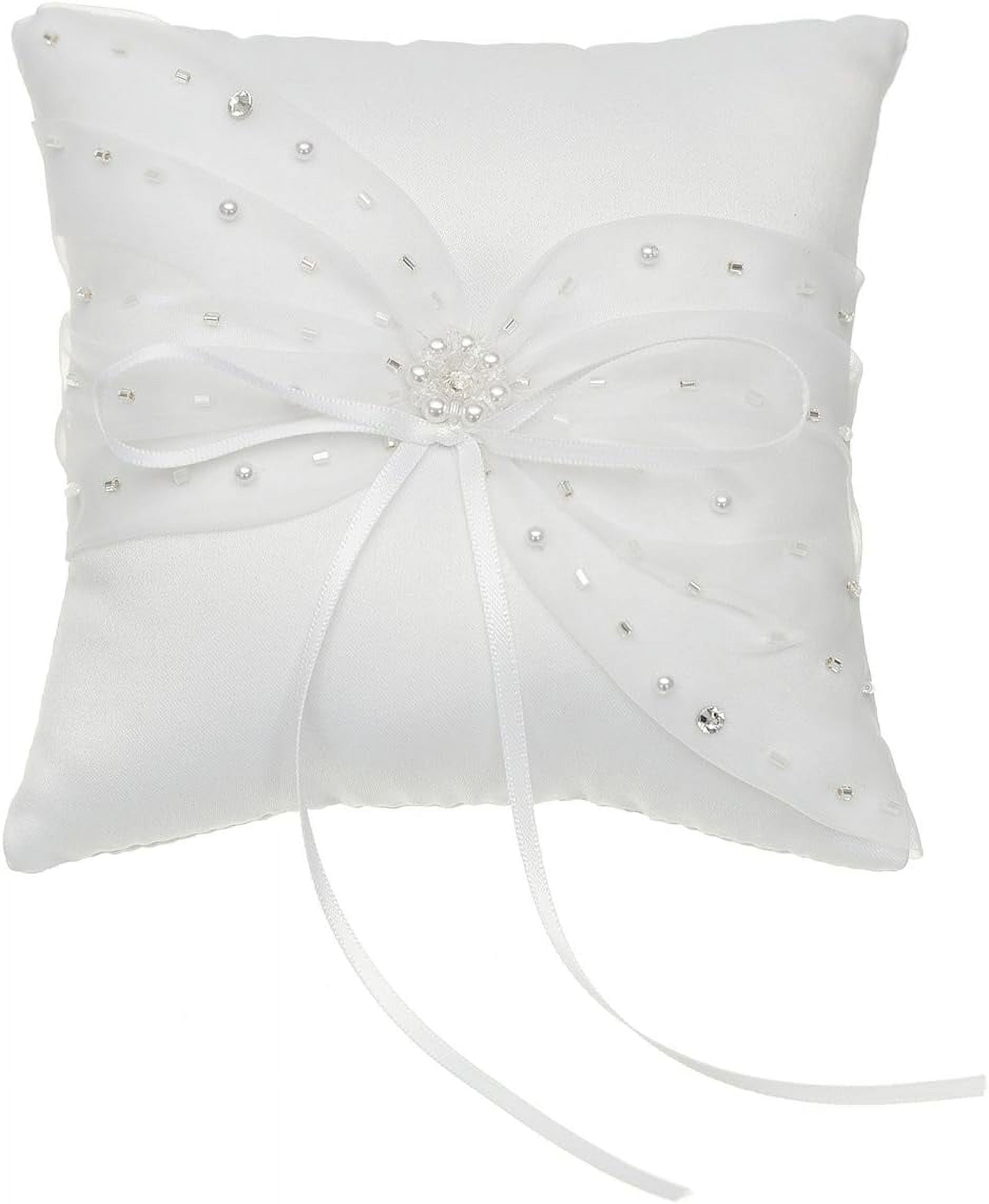 Crystal Beads Lace Bow Wedding Ring Bearer Pillow 6.5 Inch x 6.5 Inch - White RP015W