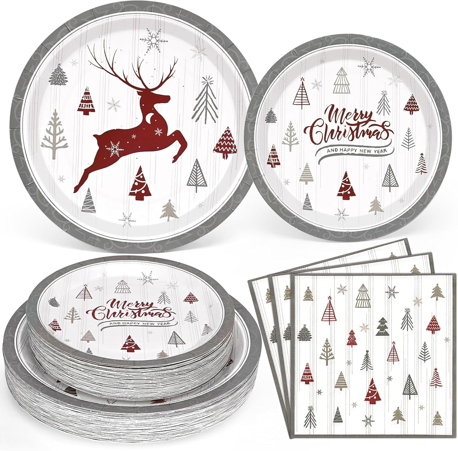 DAZLUTE 200 PCS Christmas Paper Plates and Napkins Serves 50 Guests, Elk Christmas Tree Disposable Dinnerware Set for Christmas Party