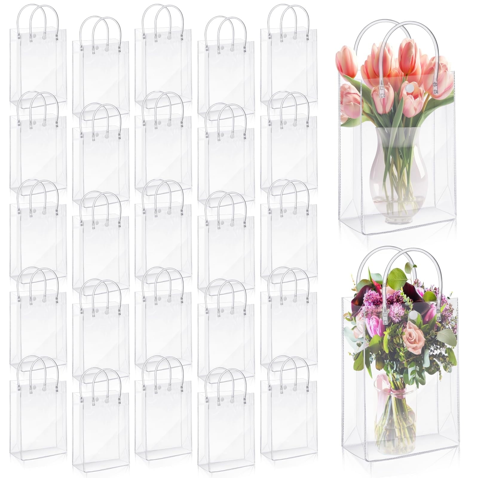 DIYMAG 50 Pcs Clear Gift Bags with Handle, PVC Reusable Tote Bags, Gift Wrap Goodie Bags for Party Wedding/Birthday/Boutique/Shopping/Baby Shower (5.9 x 7.8 x 2.7 Inch)